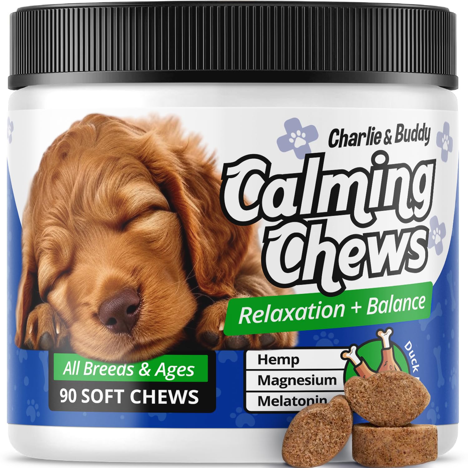 Charlie & Buddy Calming Chews for Dogs Dog Anxiety Relief Promote Relaxation Dog Calming Chews with Melatonin for Dogs Chamomile Magnesium Citrate 90 Soft Chews Duck Flavor