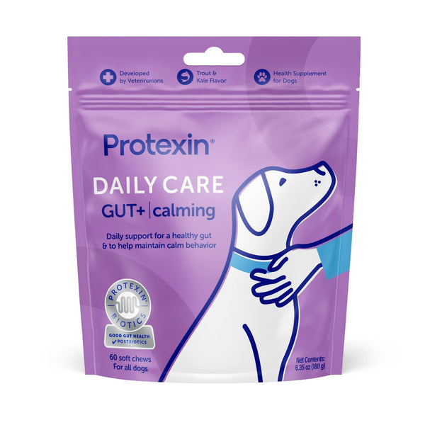 Protexin Daily Care Gut+ Calming 60 postbiotic Dog Supplement Chews – Trout and Kale Flavored