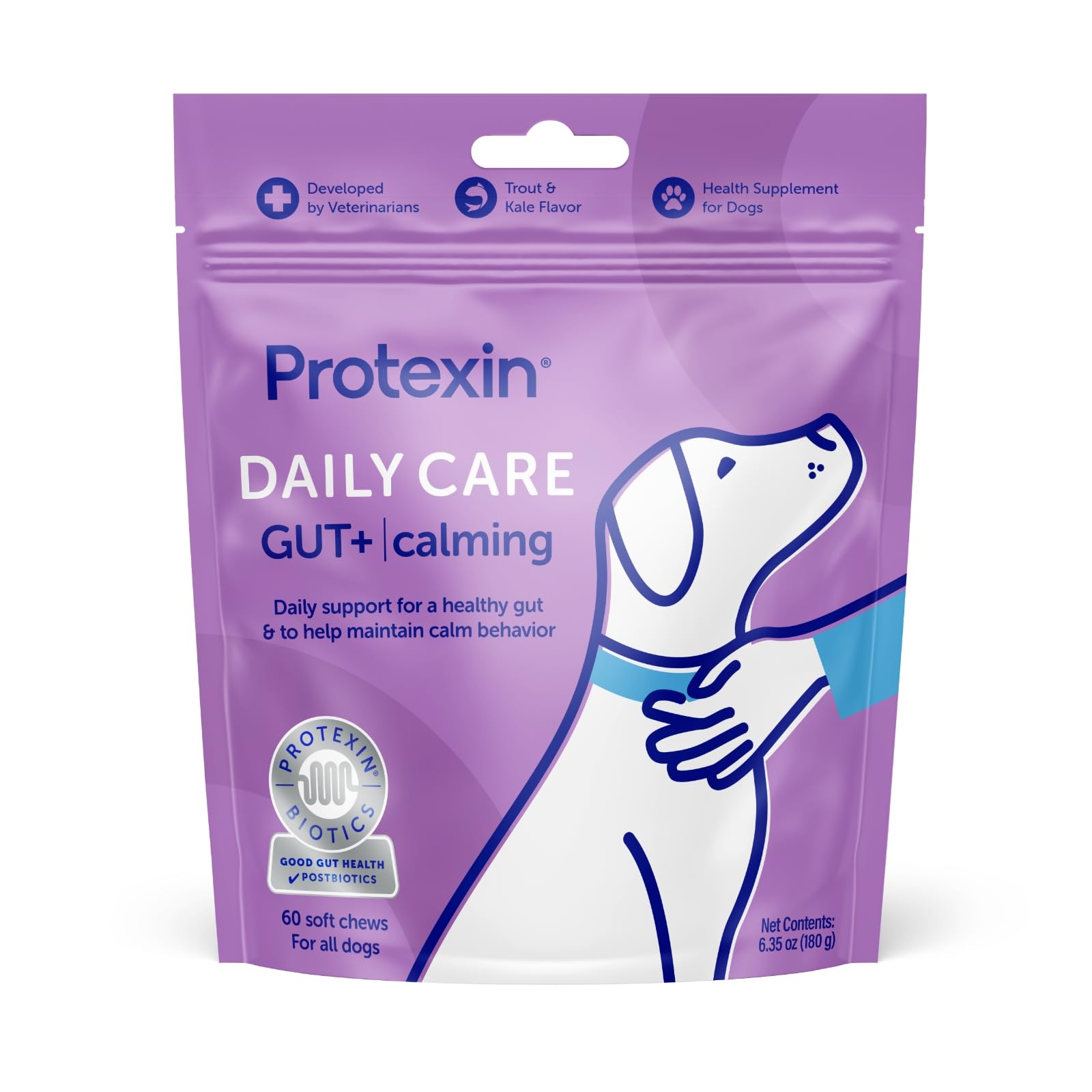 Protexin Daily Care Gut+ Calming 60 postbiotic Dog Supplement Chews – Trout and Kale Flavored